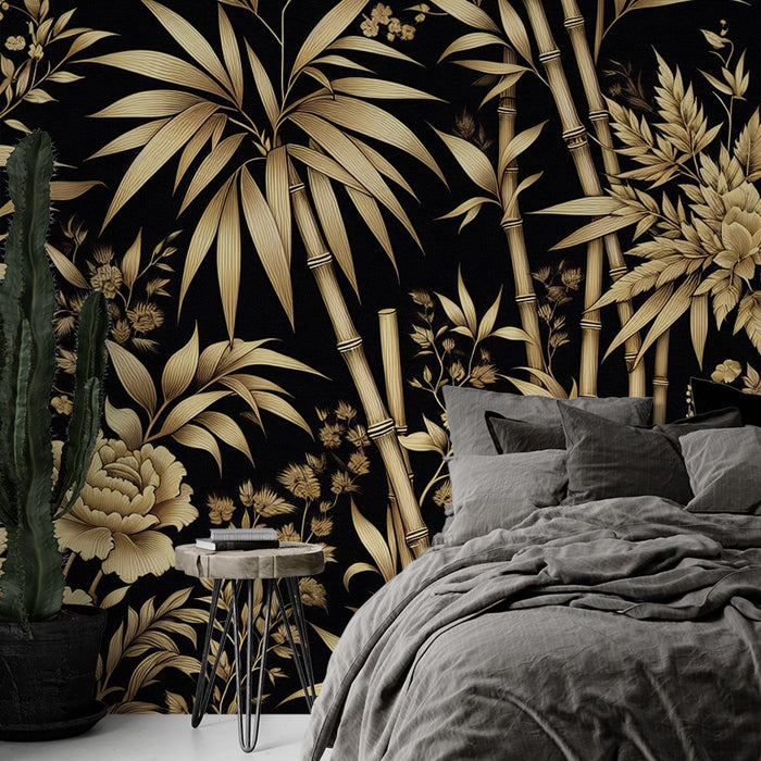 Black and Gold Mural Wallpaper | Vintage Bamboo and Flowers
