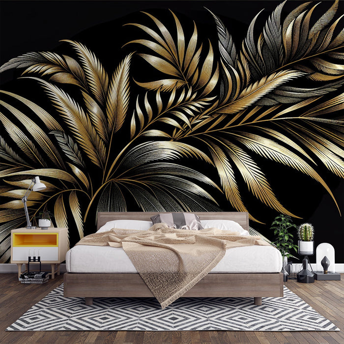 Black and Gold Mural Wallpaper | Composition of Golden and Black Foliage