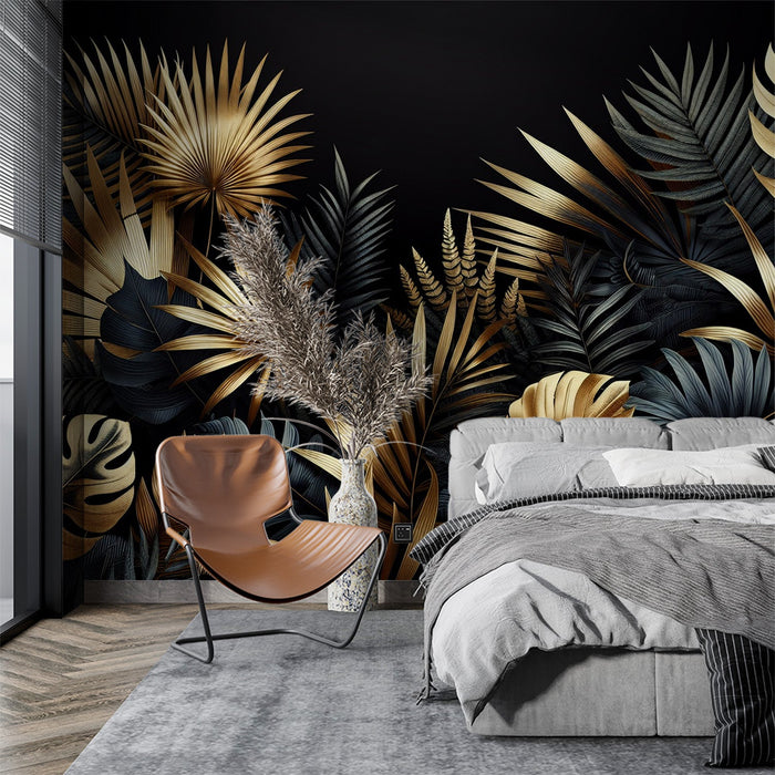 Papel de parede preto e dourado | Composição de folhagem tropical dourada e preta