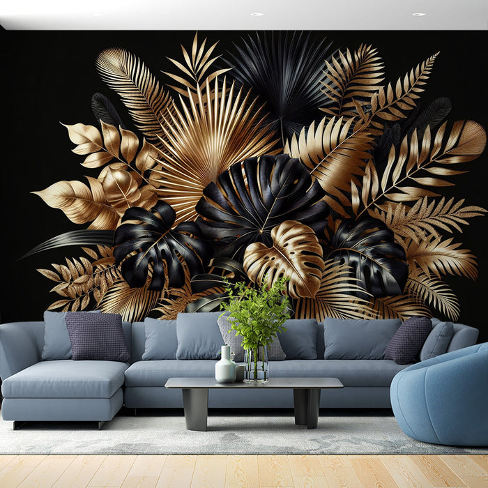 Papel de parede preto e dourado | Composição de folhas tropicais douradas e pretas