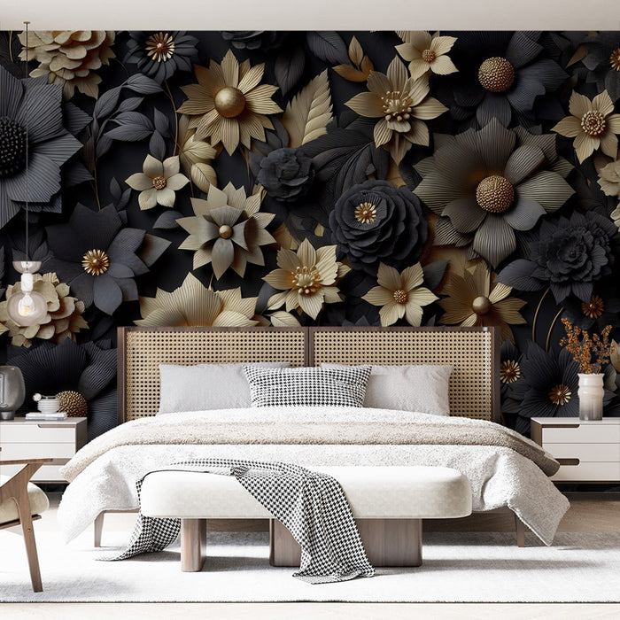 Papel de parede preto e dourado | Decoração de flores douradas e pretas