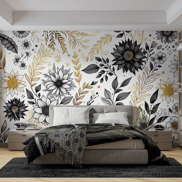 Papel de parede Mural Preto e Dourado | Folhagem Dourada e Flores Pretas