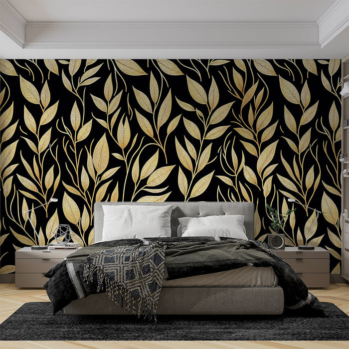 Papel de parede preto e dourado | Folhagem dourada no estilo vintage