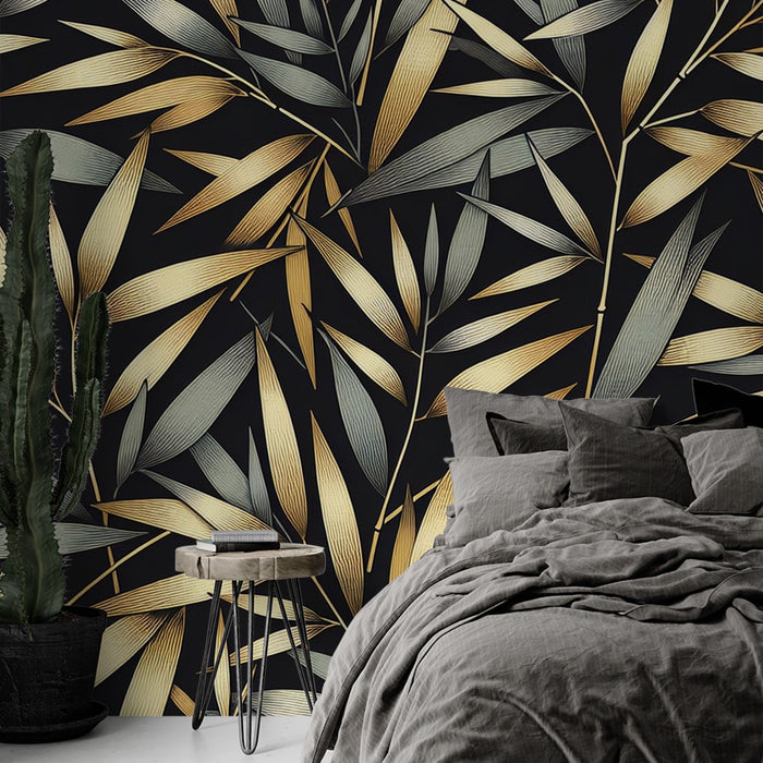 Papel de parede preto e dourado | Folhas de bambu pretas e douradas
