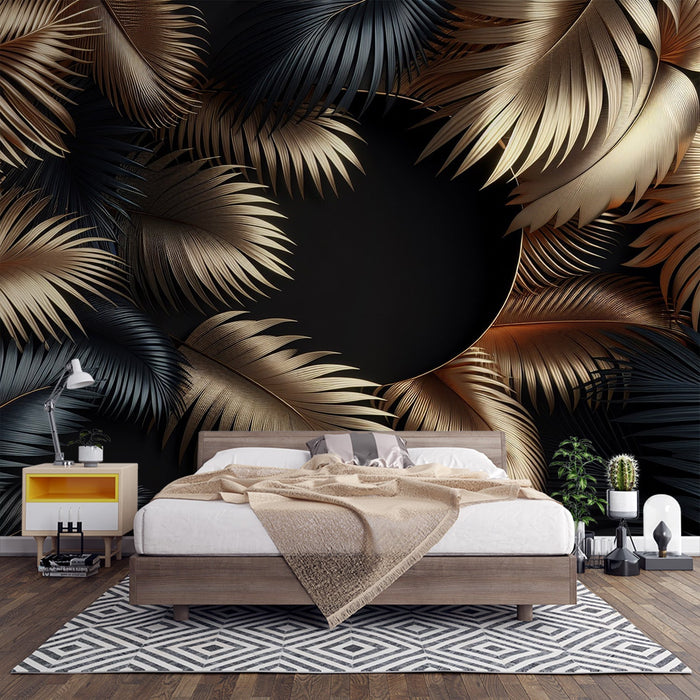 Papel de parede preto e dourado | Folhas de palmeira douradas e pretas