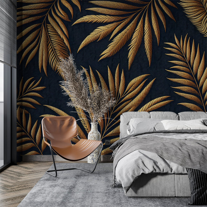 Papel de parede preto e dourado | Folha de palmeira dourada em relevo