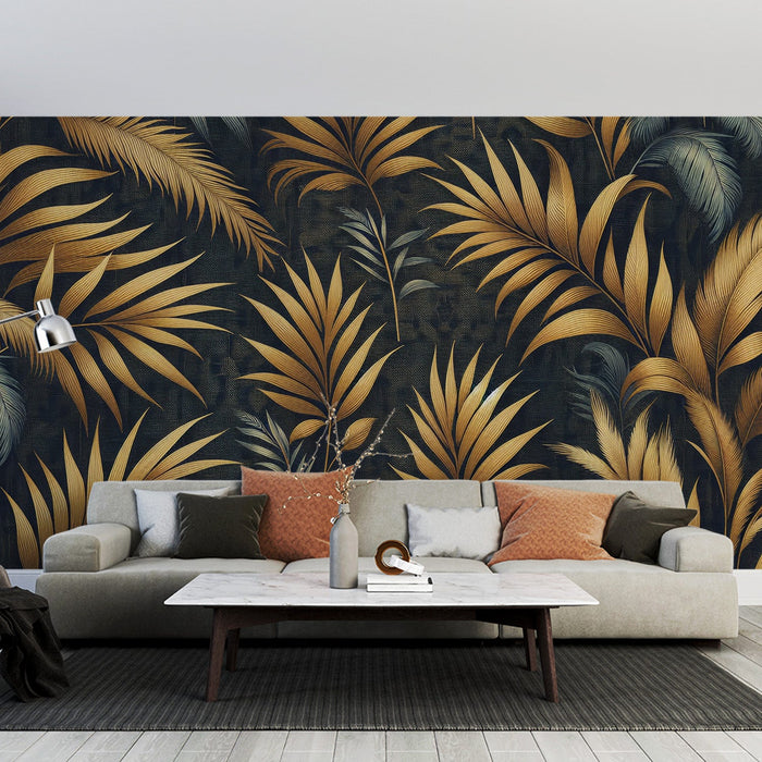 Svart och guld Tapetmålning | Palmblad och åldrad bakgrund