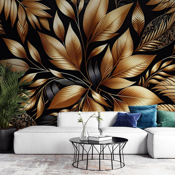 Papel de parede preto e dourado | Vários padrões de folhas pretas e douradas