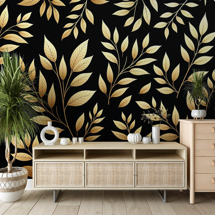 Black and Gold Mural Wallpaper | Golden Leaves