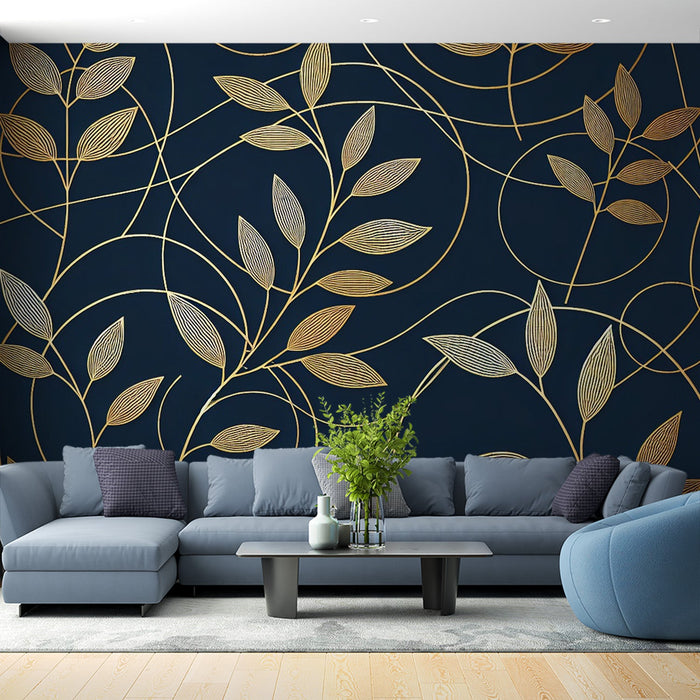 Papel de parede preto e dourado | Folhas douradas e hastes em fundo azul meia-noite