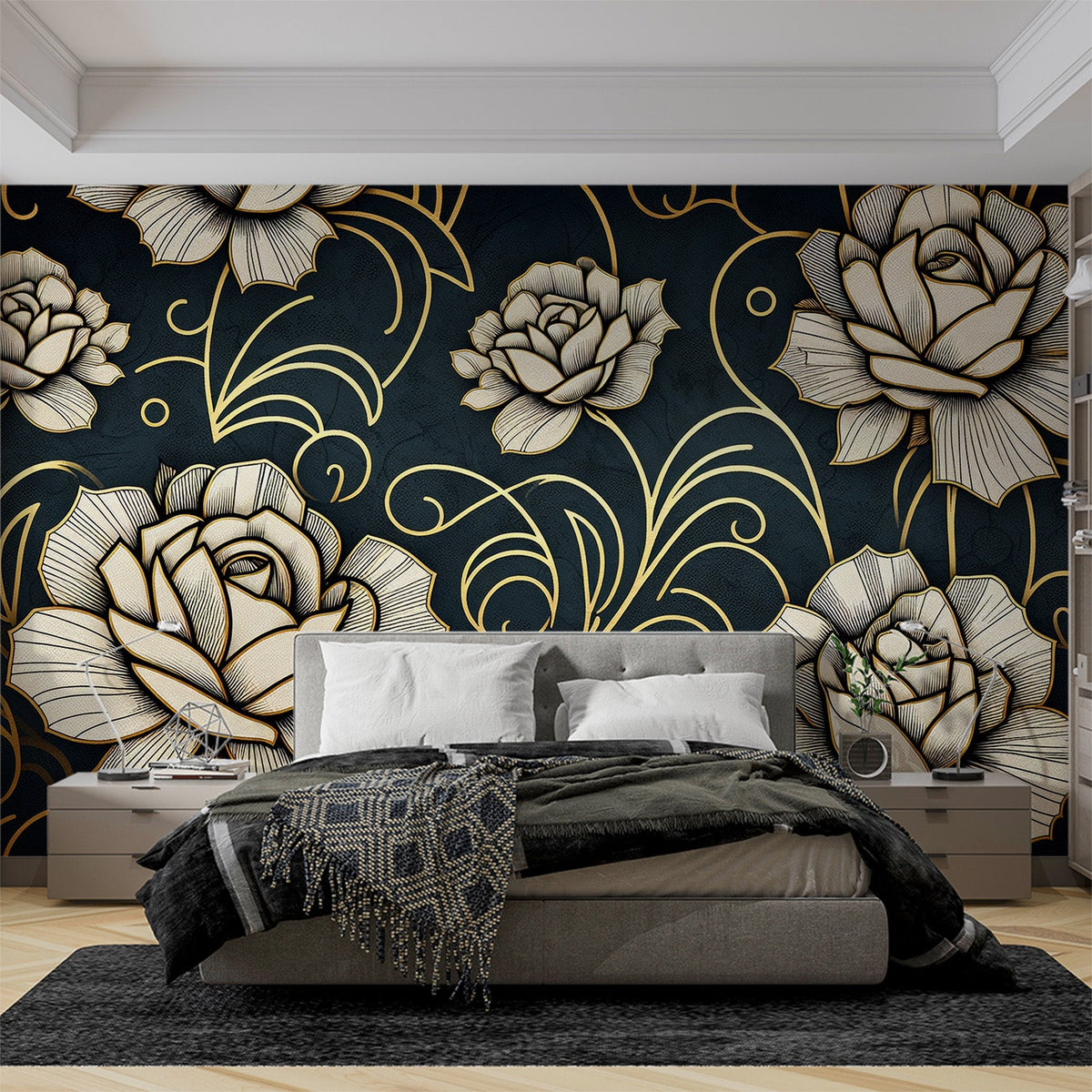 Black and Gold Mural Wallpaper | White Flowers with Golden Outlines ...