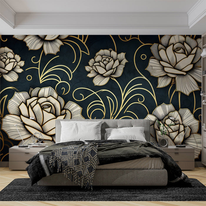 Papel de parede mural preto e dourado | Flores brancas com contornos dourados