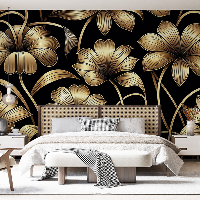 Black and Gold Mural Wallpaper | Golden Flowers and Stems