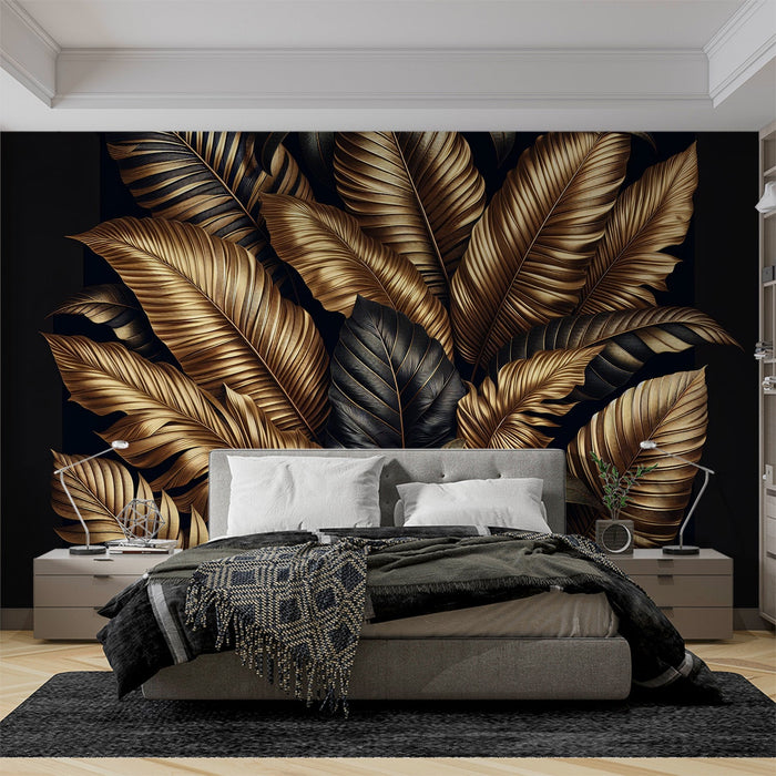 Papel pintado negro y dorado | Grandes patrones de hojas negras y doradas