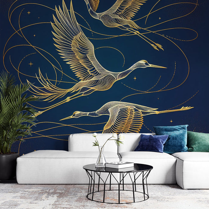 Zwart en Goud Foto Behang | Gouden Kraanvogels en Sterren op een Middernacht Blauwe Achtergrond
