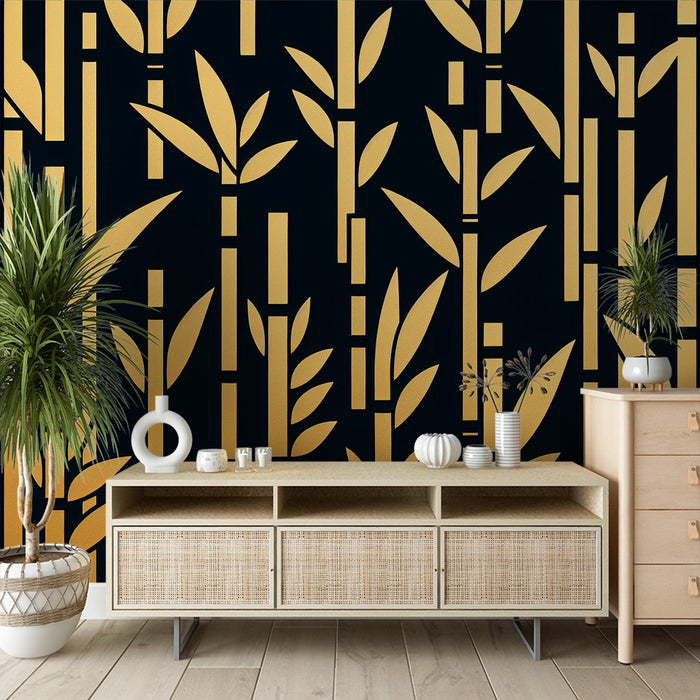 Black and Gold Mural Wallpaper | Illustration of Golden Bamboo Stems