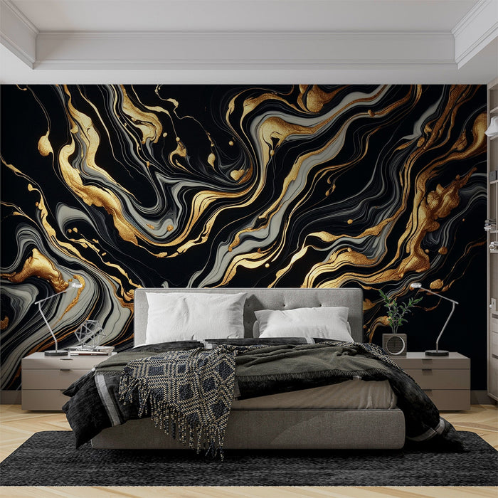 Schwarze und goldene Tapete | Marmor mit goldenen und grauen Adern
