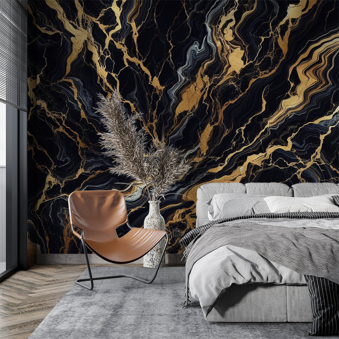 Black and Gold Mural Wallpaper | Luxurious Marble with Golden Veins