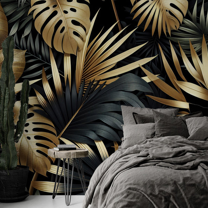 Papel de parede preto e dourado | Monstera e folha de palmeira preta e dourada
