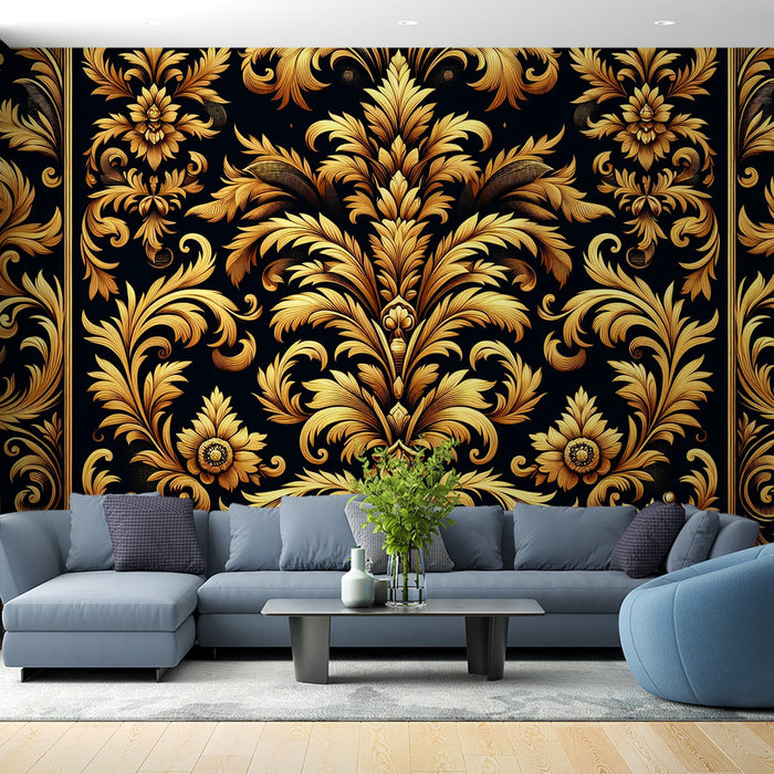 Schwarze und Gold Tapete | Vintage-Stil mit goldenen Lilien