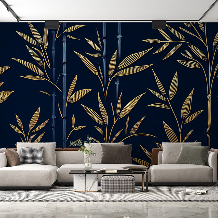 Svart och guld Tapetmålning | Blå bambustammar och gyllene blad