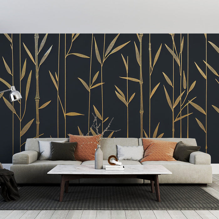 Zwart en Goud Foto Behang | Dunne en Gouden Bamboe Stengels
