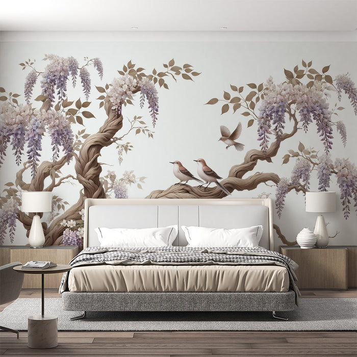 Bird Mural Wallpaper | Tree with Purple Flowers and Neutral Tones