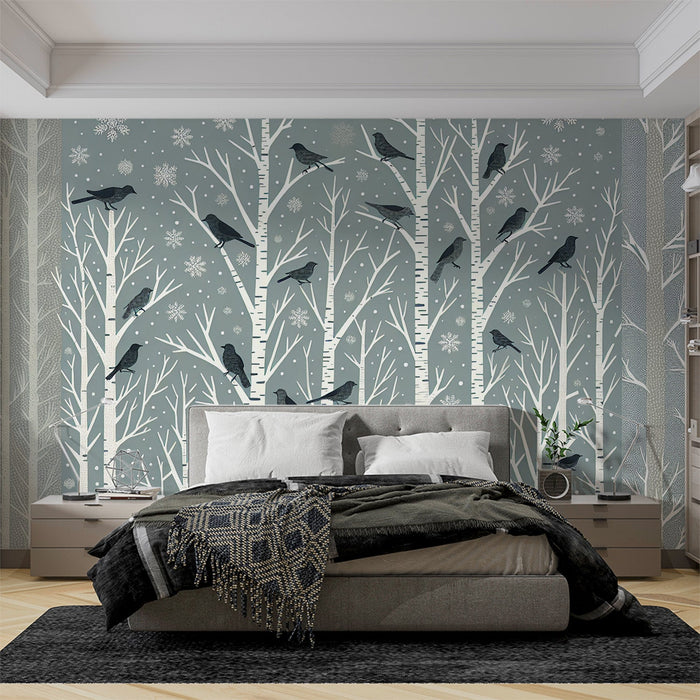 Bird Mural Wallpaper | White Trees on Snowy Blue Background