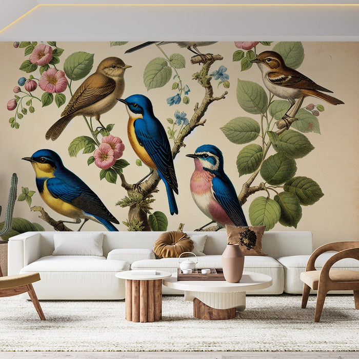 Bird Mural Wallpaper | Branch and Colorful Bird Family
