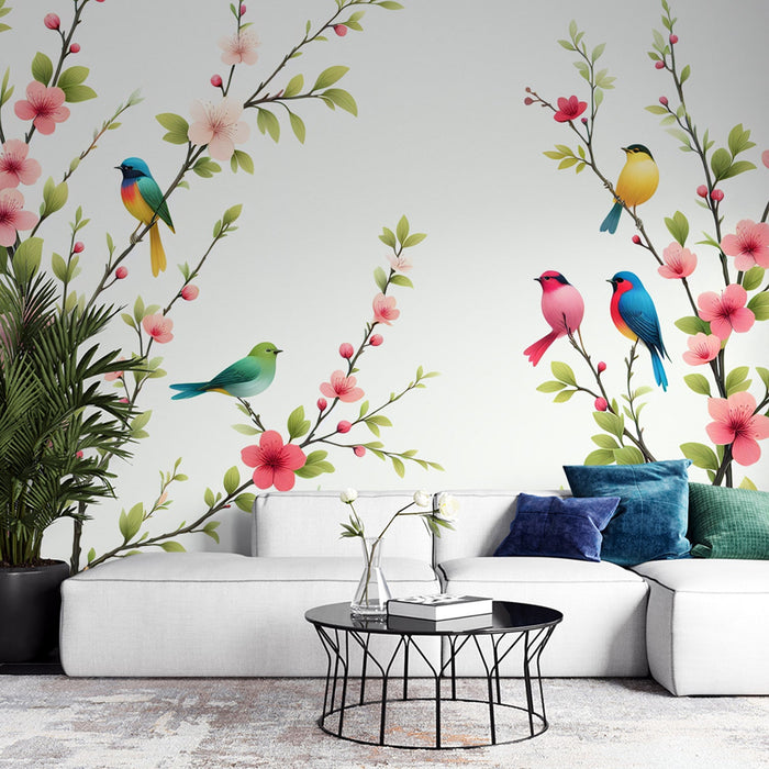 Bird Mural Wallpaper | Colorful and Flowering Branch with Multicolored Birds