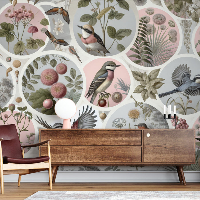Bird Mural Wallpaper | Vintage Style Flower and Color Theme Circle
