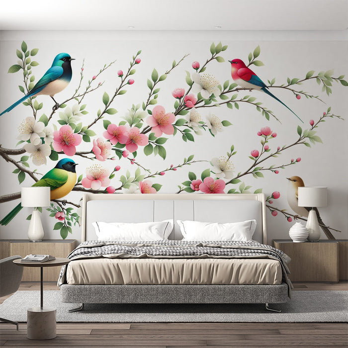 Bird Mural Wallpaper | Green Leaf Cherry Blossom with Pink Flowers