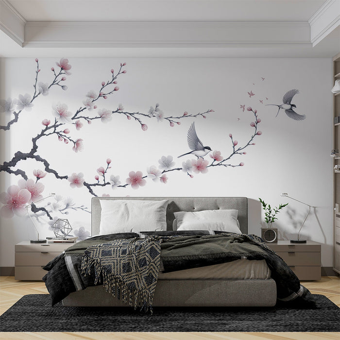 Bird Mural Wallpaper | Cherry Tree with Pink and White Flowers