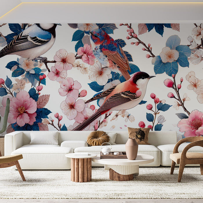 Papel de parede com mural de pássaros | Flor de cerejeira com pássaros coloridos vintage
