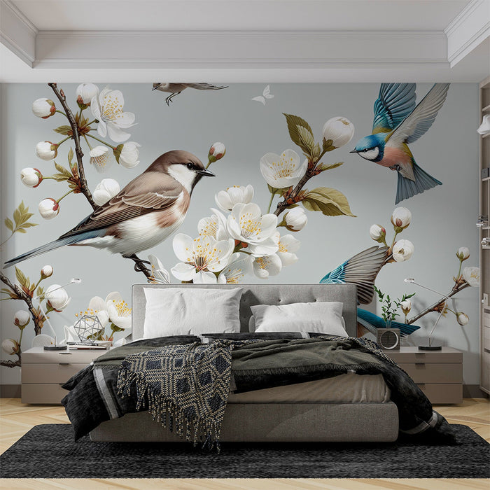 Bird Mural Wallpaper | White Cherry Blossoms with Blue Birds