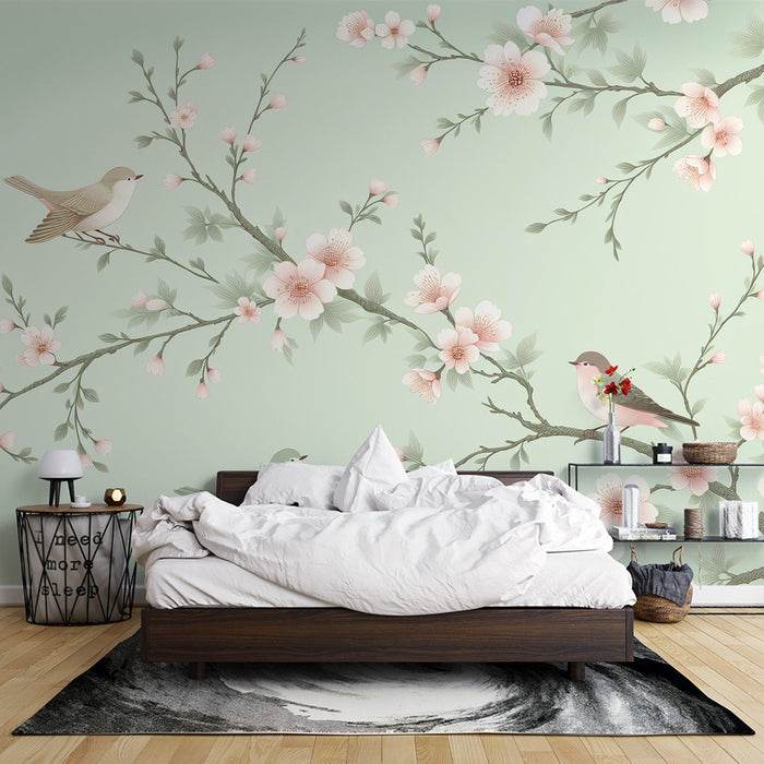 Bird Mural Wallpaper | Pink Cherry Blossoms on Vintage Green Background