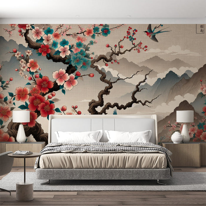 Vogel-Mural-Tapete | Japanische Kirschblüte mit Rotkehlchen und Bergen