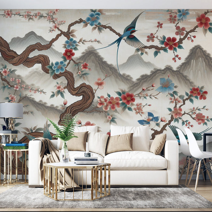 Papel de parede com mural de pássaros | Flor de cerejeira japonesa multicolorida com pintassilgos