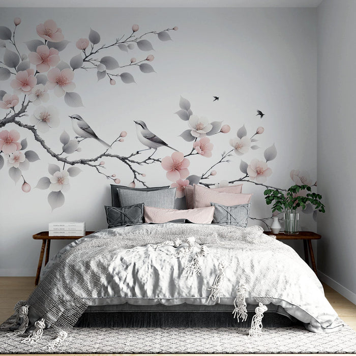 Vogel-Mural-Tapete | Rosa und weiße Kirschblüten auf weißem Hintergrund
