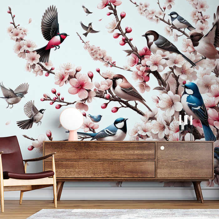 Papel de parede de mural de pássaros | Flores de cerejeira rosa com pássaros multicoloridos