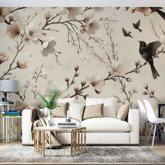 Papel de parede de mural de pássaros | Flor de cerejeira em tons neutros vintage
