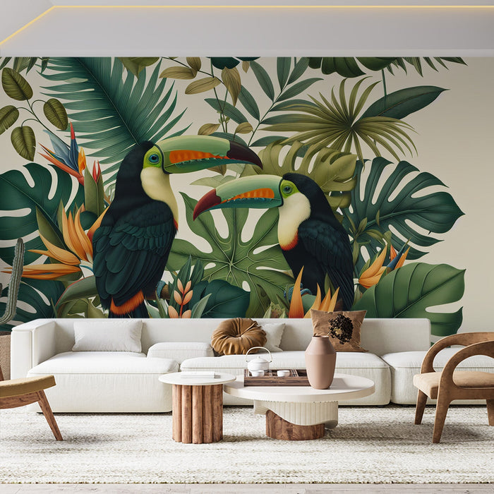 Papel de parede com mural de pássaros | Par de tucanos em uma folhagem tropical