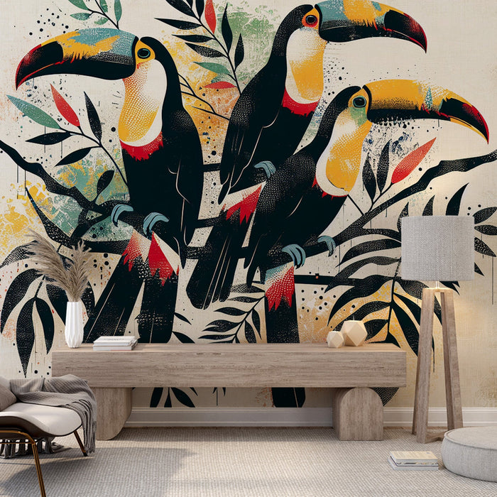 Papel pintado de mural de pájaros | Decoración retro colorida de tucanes