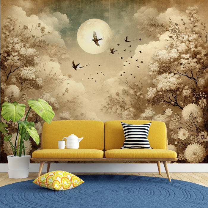 Papel pintado de pájaros | Decoración vintage con luna llena
