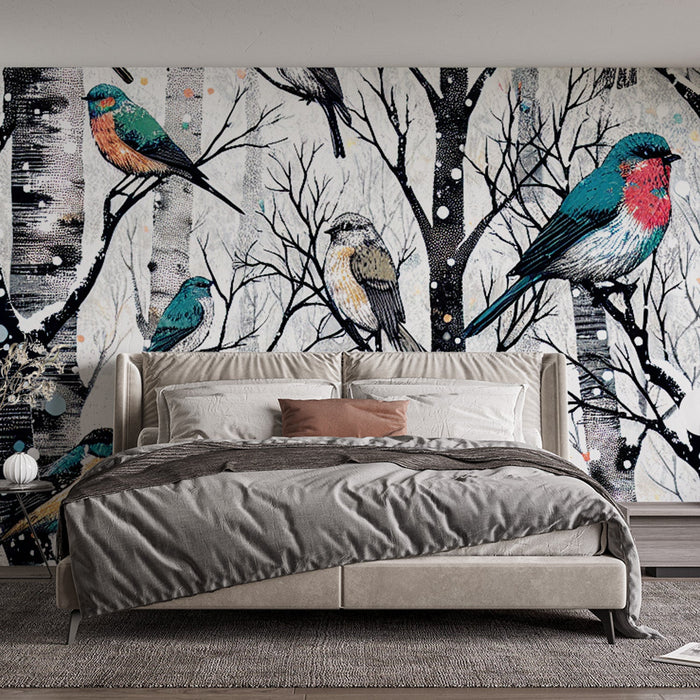Papel pintado de aves | Dibujo de bosque nevado y pájaros