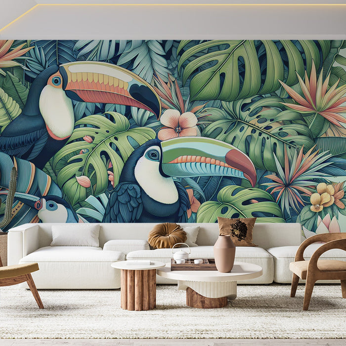 Bird Mural Wallpaper | Toucan Family in Tropical Foliage