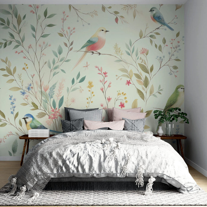 Papel de parede com mural de pássaros | Folhas e pássaros em tons pastel