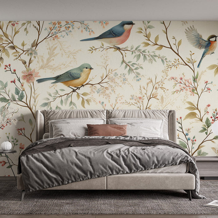 Papel de parede de mural de pássaros | Folhas e pássaros de estilo vintage