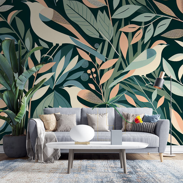 Bird Mural Wallpaper | Colorful Leaves and Magpies