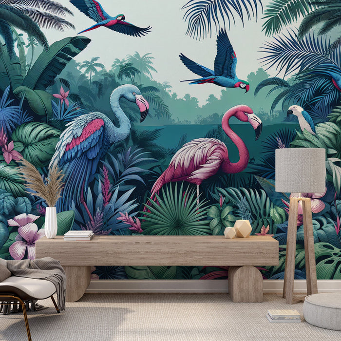 Papel de parede de mural de pássaros | Flamingos e decoração tropical